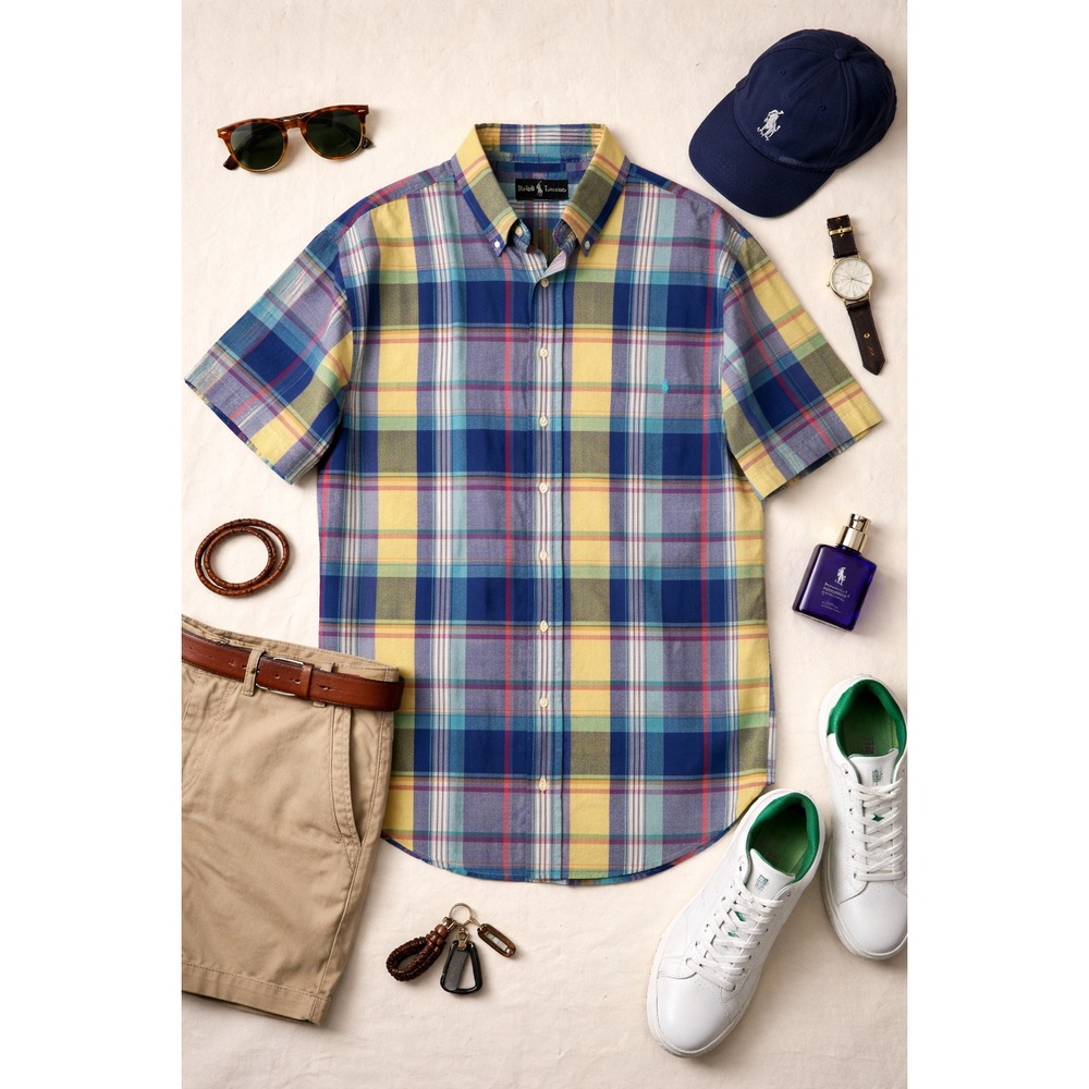 Ralph Lauren Men's 2XLT Multi Plaid Short Sleeve Button Front Shirt Custom Fit